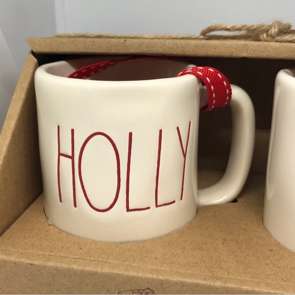 Rae Dunn Holly Jolly Ceramic Mini Mug Holiday Ornaments by Magenta Set of 2 NEW - Picture 2 of 7